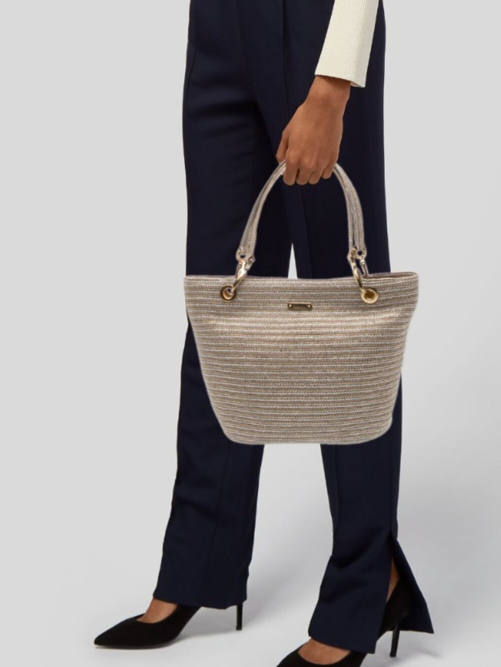 Eric Javits Beige Straw Tote with Gold Hardware EUC
